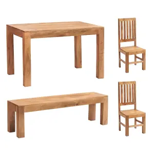 Dakota Light Mango Wooden 4Ft Medium Sized Dining Table Set 2 Chairs And 1 Bench