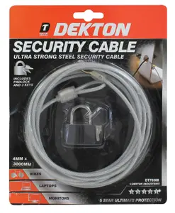 Dekton Security Cable 3m Safe Steel Padlock Lock Bike Cycle Monitor Laptops