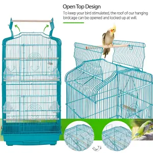 Yaheetech Teal Blue Open Top Metal Birdcage Parrot Cage with Slide-out Tray and Four Feeders