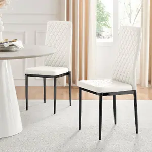 Set of 4 Milan White High Back Soft Touch Diamond Pattern Faux Leather Black Powder Coated Metal Leg Dining Chairs