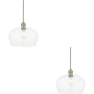 2 PACK Hanging Ceiling Pendant Light - Medum Antique Brass Plate & Clear Glass - 10W LED E27