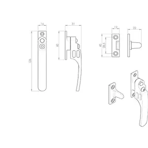 Locking Casement Window Fastener with Night Vent 16 x 60mm Polished Brass