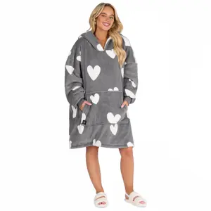 Heart Heated Hoodie Blanket Electric Sherpa Fleece Oversized Throw, Charcoal