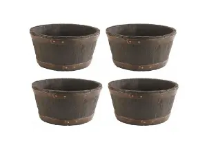 4 x Round Black Oak Effect Indoor Outdoor Patio Garden Barrel Plastic Planter Pot