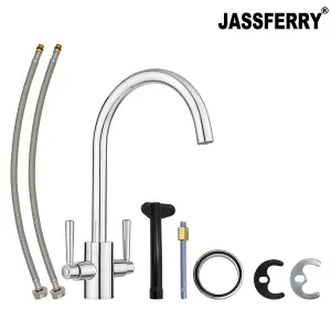 JASSFERRY Swan Neck Kitchen Mixer Tap Two Levers Quarter Turn Handle Chrome