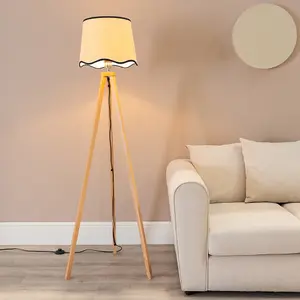 ValueLights Barbro Light Wood Tripod Floor Lamp with Natural Linen Scallop Black Edge Shade