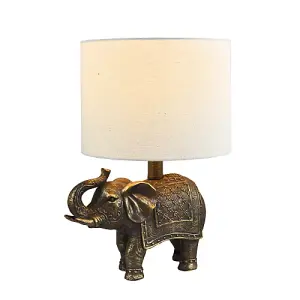 Antique Gold Vintage Elephant Resin Lamp with Off-White Oatmeal Linen Shade