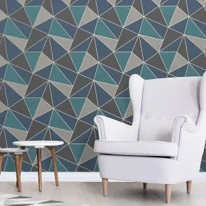 Apex Geometric Wallpaper Aqua and Navy Blue Fine Decor FD42001