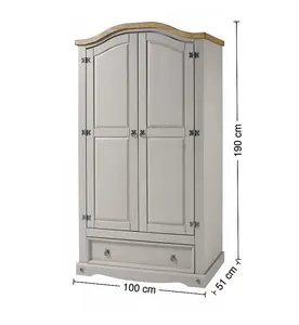 Mercers Furniture Corona Grey Wax 2 Door 1 Drawer Arch Top Wardrobe Solid Pine with Mexican Styling