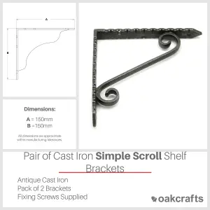 Oakcrafts - Pair of Antique Cast Iron Simple Scroll Shelf Brackets  - 150mm x 150mm