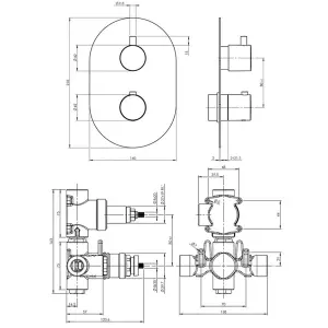 Black Thermostatic Concealed Shower Valve Twin Double Outlets Shower Bath Mixer Hot Stop Override WRAS & TMV2 Approved