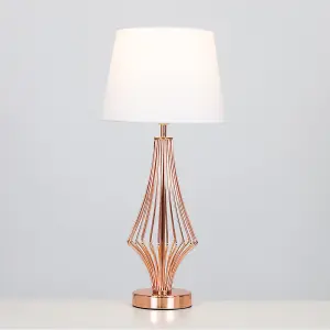 ValueLights Jaspa Copper Metal Wire Geometric Diamond Design Table Lamp with White Tapered Shade with 6w LED GLS Bulb