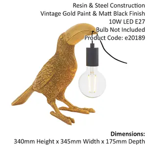 2 PACK Vintage Gold Toucan Table Light - Resin Figure - Matt Black Lamp Holder