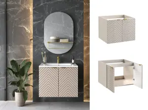 Bathroom Vanity Unit 600mm Wall Cabinet Floating Ribbed Fluted Door Beige Cara