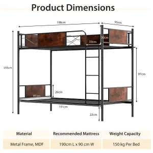 Costway Metal Bunk Bed 3FT Single over Single Loft Bed Frame W/ Ladder Safety Guardrail