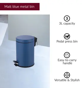 Innoteck Essentials 3L Pedal Bin and Toilet Brush Set - Matt Blue