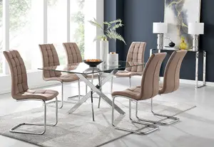 Furniturebox UK Leonardo Glass And Chrome Metal Dining Table And 6 Cappuccino Beige Murano Faux Leather Chairs