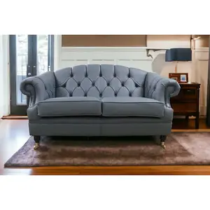 Chesterfield Handmade 2 Seater Sofa Settee Piping Grey Leather In Victoria Style