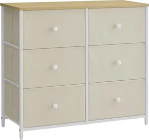 SONGMICS Chest of Drawers, 6 Fabric Drawers with Metal Frame, Storage Organiser Unit, Dresser, Camel Yellow and Cream White