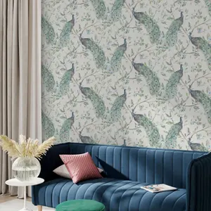 Arthouse Keeka Bird Blue Peacock Floral Feather Navy Natural Off White Wallpaper