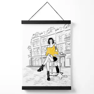 Paris Cafe  Girl with Cat Style and Fashion Sketch Medium Poster with Black Hanger