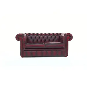 Chesterfield 2 Seater Antique Oxblood Real Leather Tufted Buttoned Sofa Settee In Classic Style