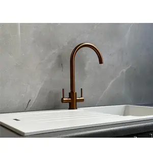 Liquida AD396CP Monobloc Swan Neck Twin Lever Copper Kitchen Mixer Tap