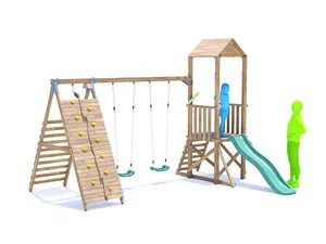 Dunster House Wooden Climbing Frame with Two Swings, Tall Climbing Wall & Slide BalconyFort Low Platform