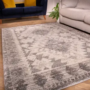 Contemporary Grey White Bordered Geometric Plush Scandi Area Rug 60x110cm