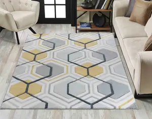 Valencia Modern Hexagon Design Carved Area Rugs Grey 120x170 cm