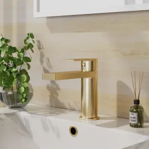 Modern Square Mono Basin Mixer Tap & Push Button Waste - Brushed Brass - Balterley