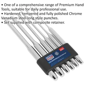 Premium 6 Piece Long Parallel Pin Punch Set - Hardened Chrome Vanadium Steel