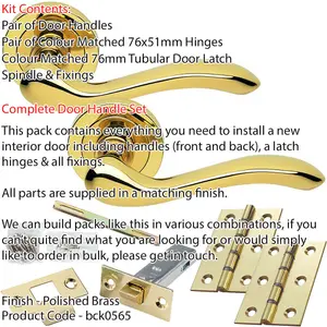 Door Handle & Latch Pack - Polished Brass - Modern Scroll Bar Lever On Round Rose