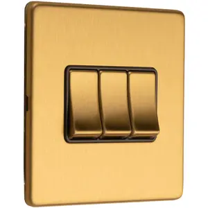 3 PACK 3 Gang Triple Light Switch SCREWLESS SATIN BRASS 2 Way 10A Slim Rocker