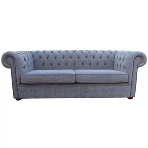 Chesterfield 3 Seater Sofa Settee Harley Slate Grey Fabric In Classic Style