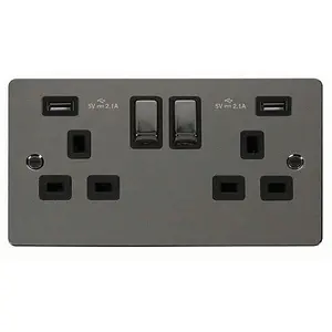 Flat Plate Black Nickel 2 Gang 13A DP Ingot 2 USB Twin Double Switched Plug Socket - Black Trim - SE Home