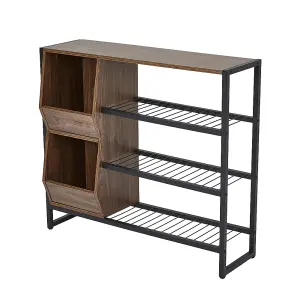 3-Tier Shoe Rack with Metal Frame and Walnut Storage Cubbies