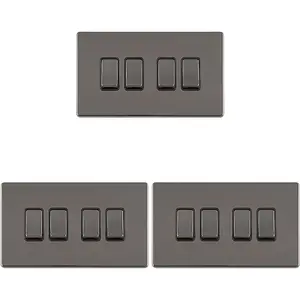 3 PACK 4 Gang Quad Light Switch SCREWLESS BLACK NICKEL 2 Way 10A Slim Rocker