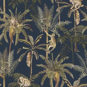 World of Wallpaper Amazonia Monkey Trees Wallpaper Navy (50280-BUR)