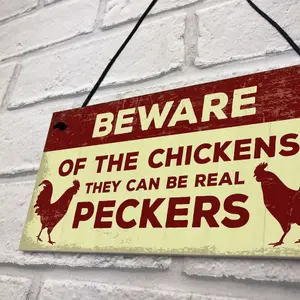 Red Ocean Beware Of The Chickens Sign For Gate Chicken Coop Hen House Funny Chicken Gift