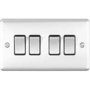 5 PACK 4 Gang Quad Metal Light Switch SATIN STEEL 2 Way 10A Black Trim