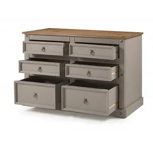 Mercers Furniture Corona Grey Wax Low 3+3 Wide Chest of 6 Drawers Solid Pine with Mexican Styling