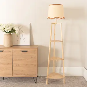 ValueLights Hiru 3 Tier Shelved Wooden Floor Lamp with Linen Rust Trim Scallop Tapered Shade