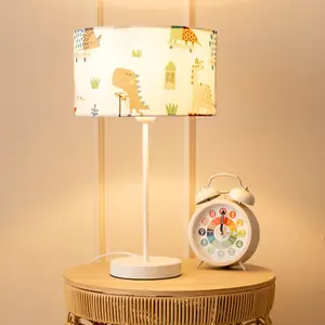 ValueLights Charles White Metal Single Stem Table Lamp with Cartoon Dino Lamp Shade and LED Bulb