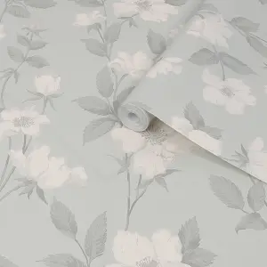 Laura Ashley Fleurir Smoke green Floral Smooth Wallpaper Sample