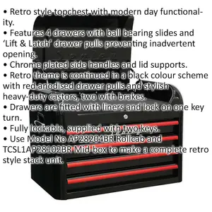 Retro Black 4 Drawer Tool Chest with Lockable Storage - 700x450x495mm