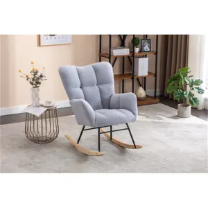 Mid Century Modern Teddy Fabric Tufted Upholstered Rocking Chair Padded Seat For Living Room Bedroom, Light Grey