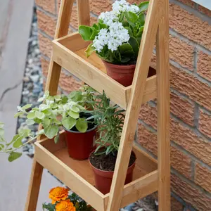 Home Source Bamboo 3 Tier Garden Plant Stand Ladder Tray Unit