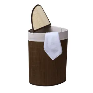 MantraRaj 58L Bamboo Laundry Basket Triangle Foldable Storage Hamper With Removable Washable Cover and Lid Laundry Bins Dark Brown