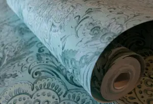 Galerie Tropical Collection Blue Banana Tahiti Inspired Damask Wallpaper Roll